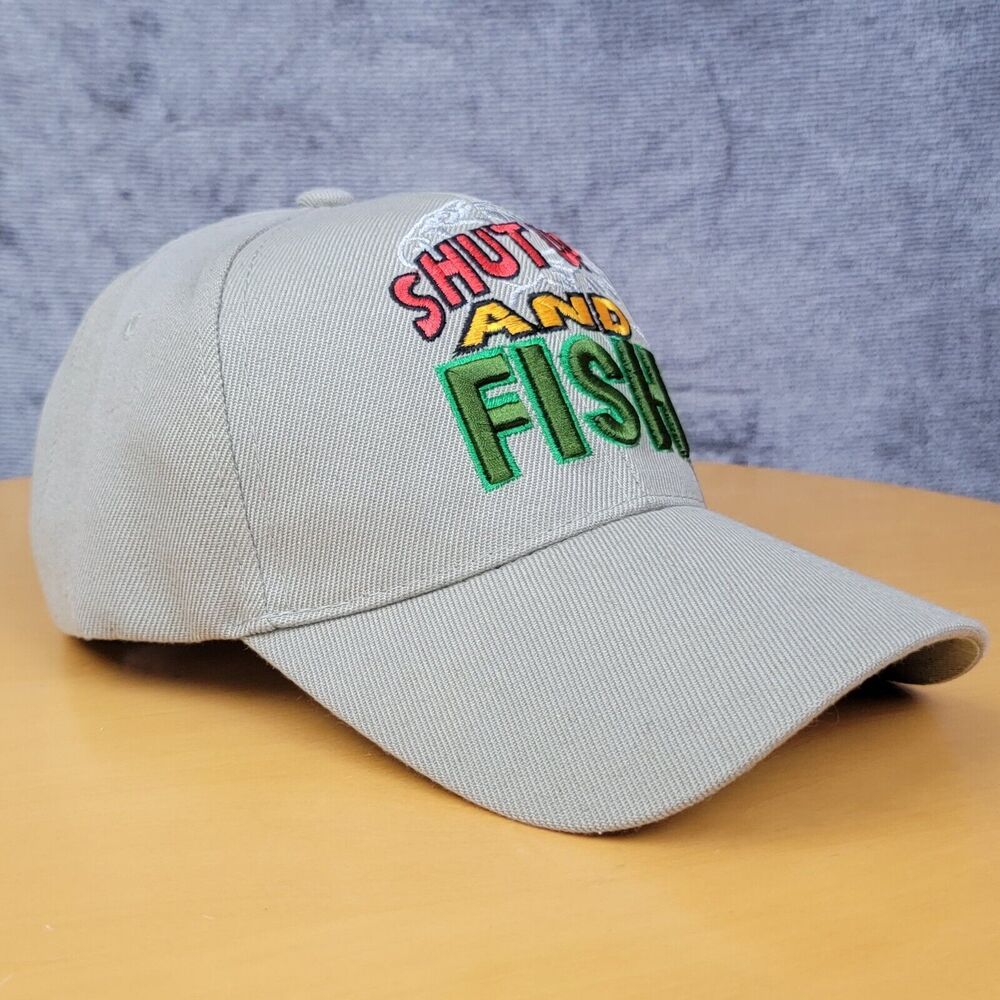 Embroidered Shut Up & Fish Fishing Hat Biege Adjustable Hook & Loop Trucker Cap - Picture 4 of 16